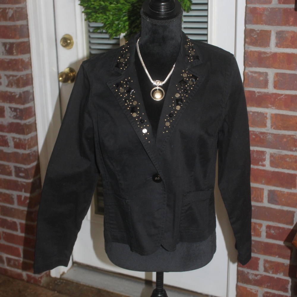 Ruby Rd beaded short fitted black jacket beads disks long sleeves size 12P EUC …